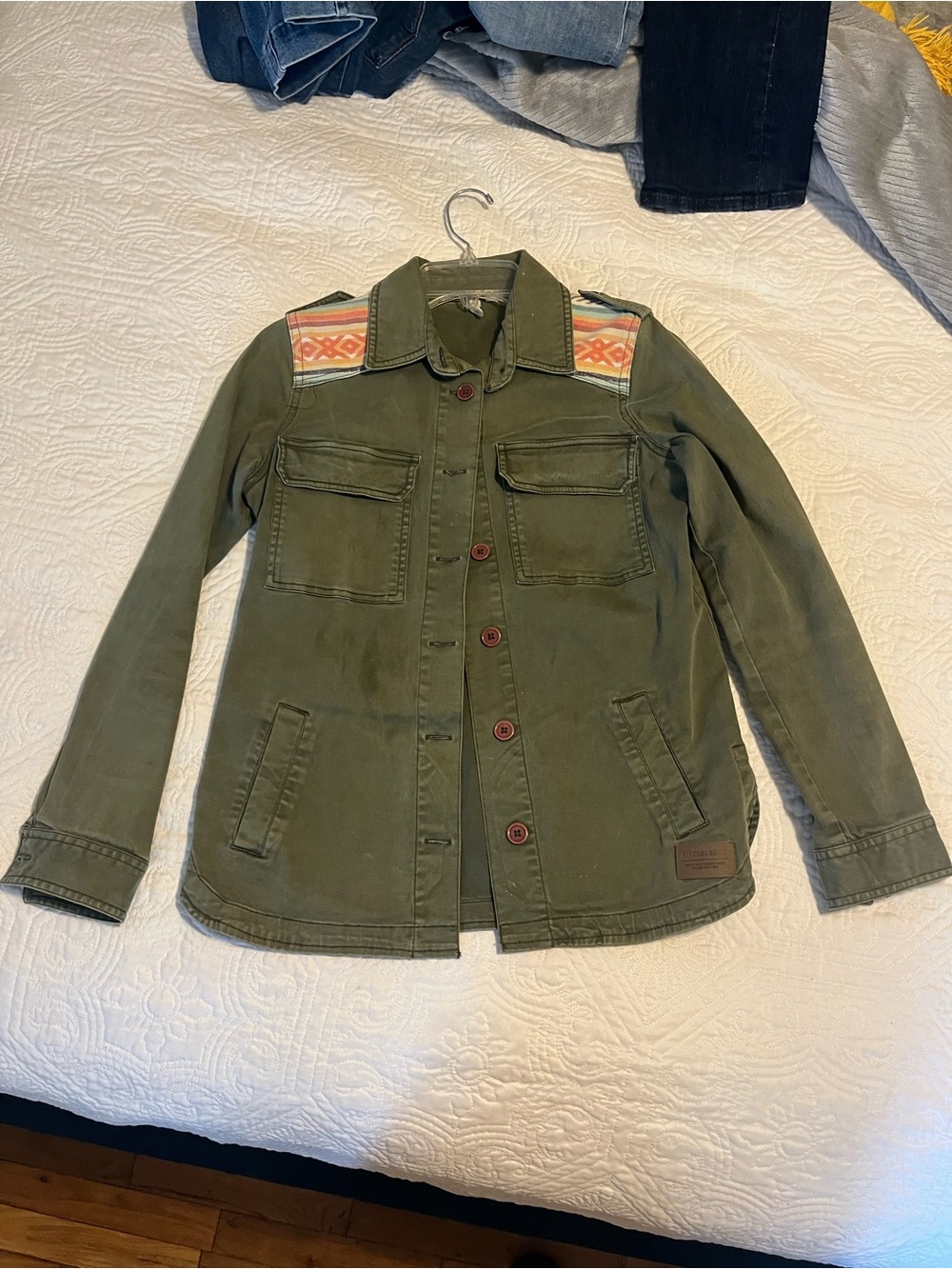 Rip Curl Olive Green Military Field Jacket with Patterned Shoulder Panels